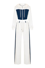 Denim Detail Cotton Tracksuit Set with Two Way Zipper – White