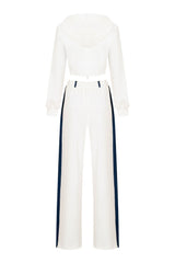 Denim Detail Cotton Tracksuit Set with Two Way Zipper – White