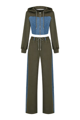 Denim Detail Cotton Tracksuit Set with Two-Way Zipper – Olive