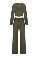 Denim Detail Cotton Tracksuit Set with Two-Way Zipper – Olive
