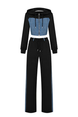 Denim Detail Cotton Tracksuit Set with Two-Way Zipper – Black