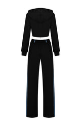 Denim Detail Cotton Tracksuit Set with Two-Way Zipper – Black