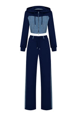 Denim Detail Cotton Tracksuit Set with Two-Way Zipper – Blue