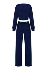 Denim Detail Cotton Tracksuit Set with Two-Way Zipper – Blue