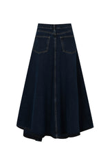 Denim Maxi Skirt with High Slit - Dark Indigo