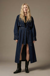Oversized Denim Trench Coat - Indigo Wash