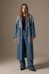 Oversized Denim Trench Coat - Vintage Washed