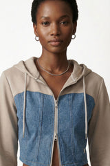 Denim Detail Cotton Tracksuit Set with Two-Way Zipper – Light Beige