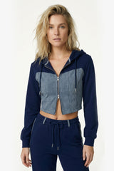 Denim Detail Cotton Tracksuit Set with Two-Way Zipper – Blue