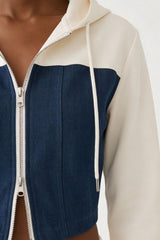 Denim Detail Cotton Tracksuit Set with Two Way Zipper – White