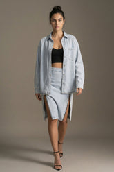 Denim Pencil Skirt with Front Slit - Light Blue