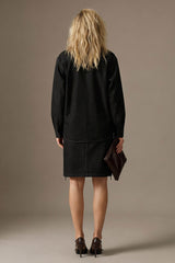 Denim Pencil Skirt with Front Slit - Black