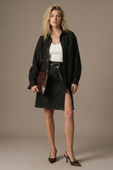 Denim Pencil Skirt with Front Slit - Black