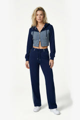 Denim Detail Cotton Tracksuit Set with Two-Way Zipper – Blue