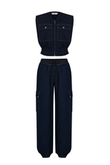 Denim Cargo Set with Cropped Vest