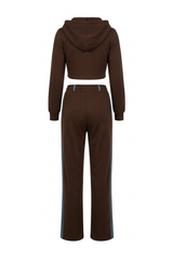 Denim Detail Cotton Tracksuit Set with Two Way Zipper – Brown