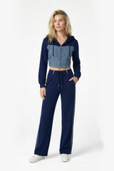Denim Detail Cotton Tracksuit Set with Two-Way Zipper – Blue