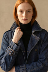 Denim Belted Short Trench Jacket - Indigo
