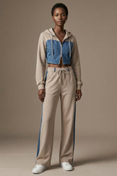 Denim Detail Cotton Tracksuit Set with Two-Way Zipper – Light Beige