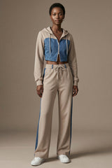 Denim Detail Cotton Tracksuit Set with Two-Way Zipper – Light Beige