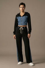 Denim Detail Cotton Tracksuit Set with Two-Way Zipper – Black