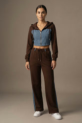 Denim Detail Cotton Tracksuit Set with Two-Way Zipper – Brown