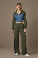 Denim Detail Cotton Tracksuit Set with Two-Way Zipper – Olive