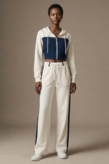 Denim Detail Cotton Tracksuit Set with Two Way Zipper – White