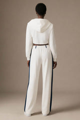 Denim Detail Cotton Tracksuit Set with Two Way Zipper – White
