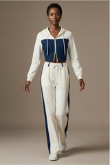 Denim Detail Cotton Tracksuit Set with Two Way Zipper – White