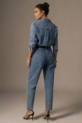 Denim Jumpsuit with Belted Waist