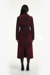 Flocked Denim Trench Coat - Red