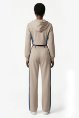 Denim Detail Cotton Tracksuit Set with Two-Way Zipper – Light Beige