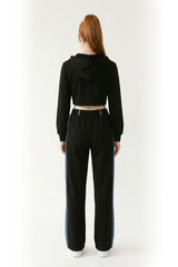 Denim Detail Cotton Tracksuit Set with Two-Way Zipper – Black