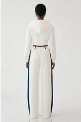 Denim Detail Cotton Tracksuit Set with Two Way Zipper – White