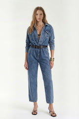 Denim Jumpsuit with Belted Waist