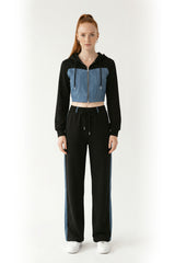 Denim Detail Cotton Tracksuit Set with Two-Way Zipper – Black