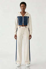 Denim Detail Cotton Tracksuit Set with Two Way Zipper – White