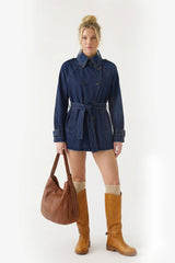 Denim Belted Short Trench Jacket - Indigo