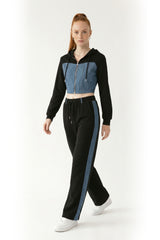 Denim Detail Cotton Tracksuit Set with Two-Way Zipper – Black