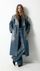 Oversized Denim Trench Coat - Vintage Washed