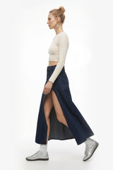 Denim Maxi Skirt with High Slit - Dark Indigo