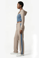 Denim Detail Cotton Tracksuit Set with Two-Way Zipper – Light Beige