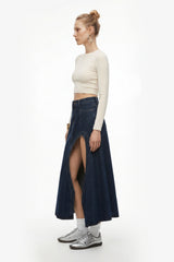 Denim Maxi Skirt with High Slit - Dark Indigo