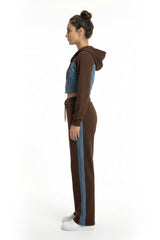 Denim Detail Cotton Tracksuit Set with Two-Way Zipper – Brown