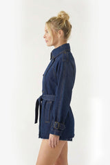Denim Belted Short Trench Jacket - Indigo