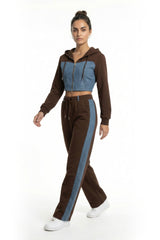 Denim Detail Cotton Tracksuit Set with Two-Way Zipper – Brown
