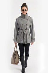Denim Belted Short Trench Jacket - Gray