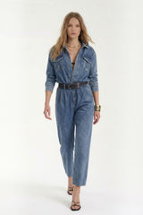 Denim Jumpsuit with Belted Waist