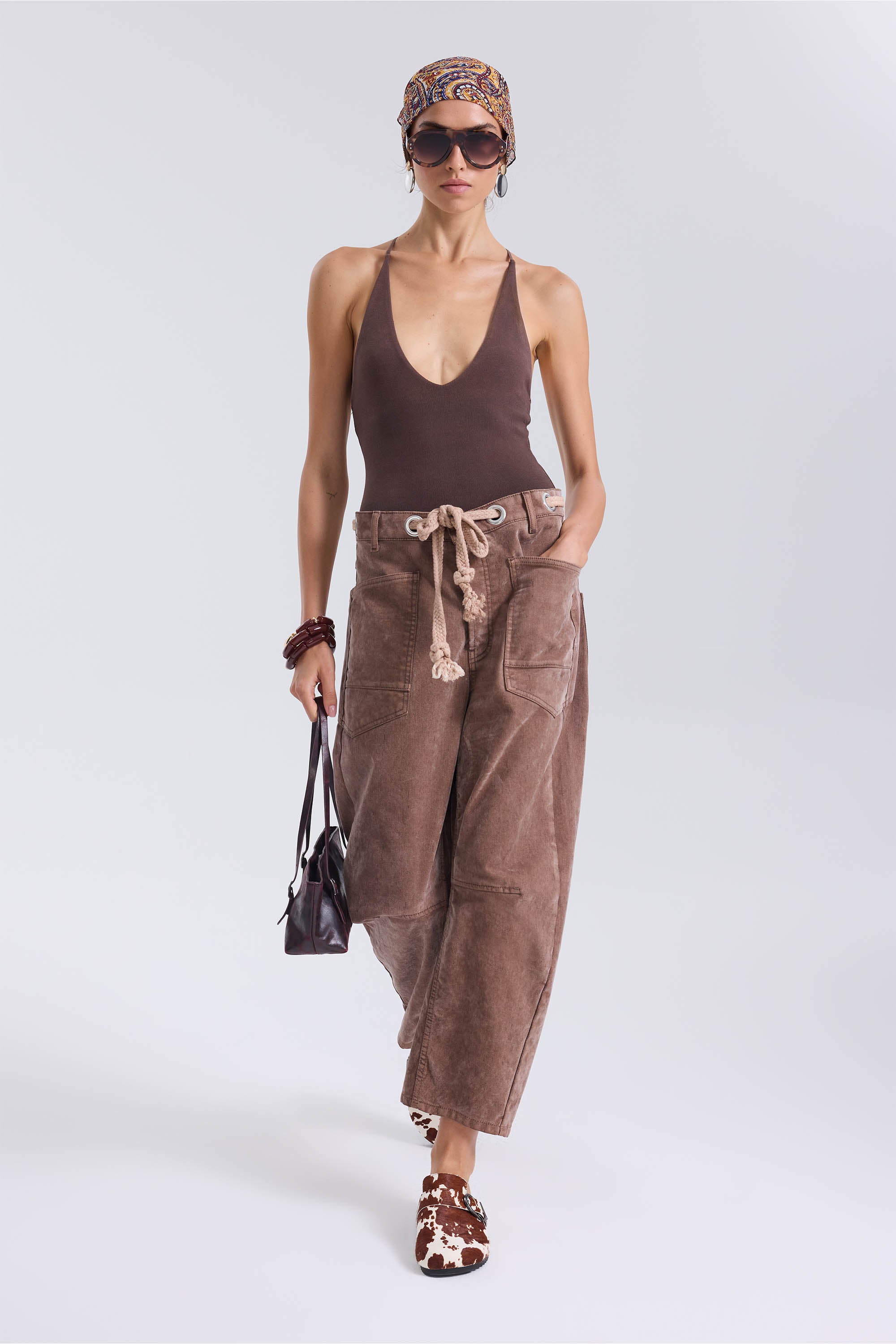 Flocked Pull-On Barrel Jeans – Chestnut